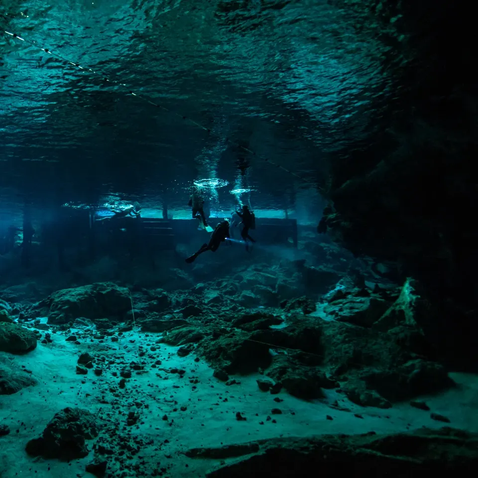 Sunlight beams entering the Barbie Line at Cenote Dos Ojos