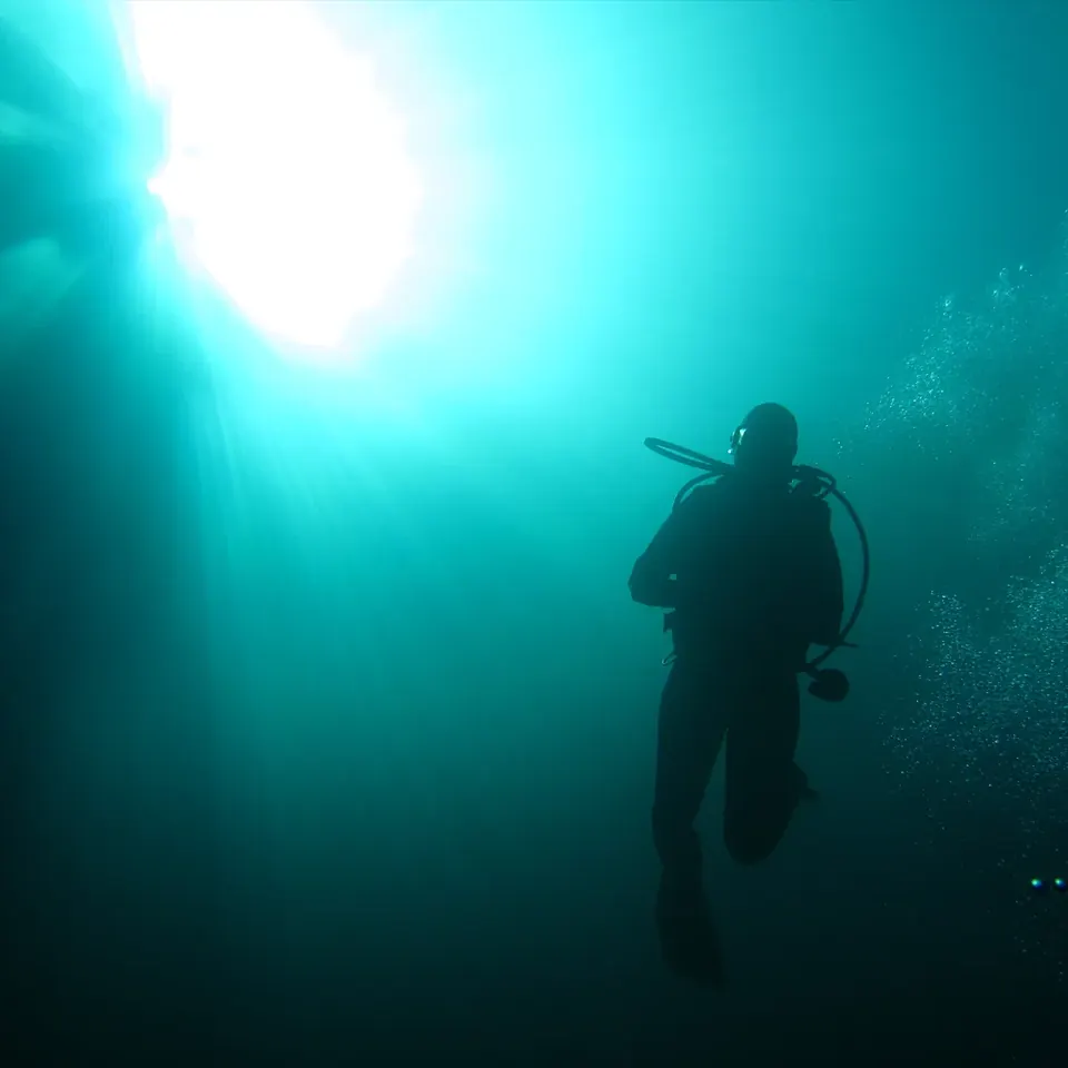 Diver above the hydrogen sulphide cloud in Cenote Angelita