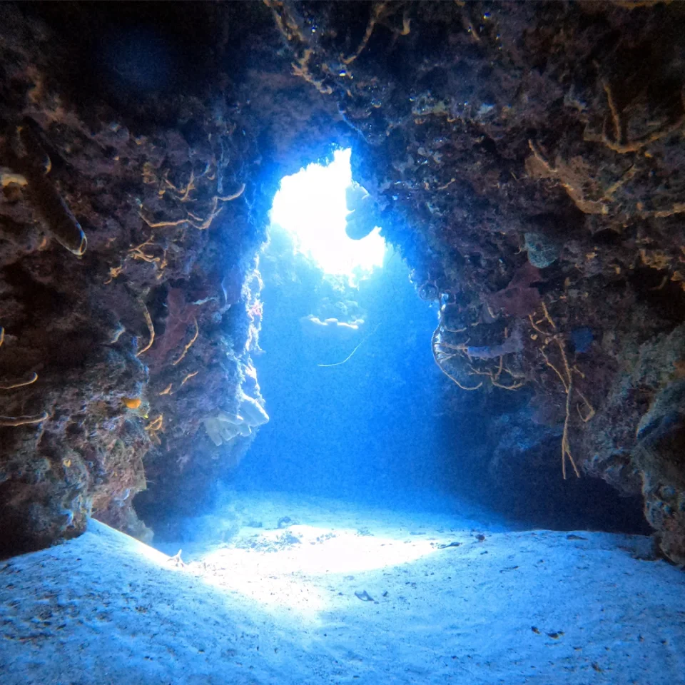 Sunlight beaming through an underwater cave opening onto the sandy floor