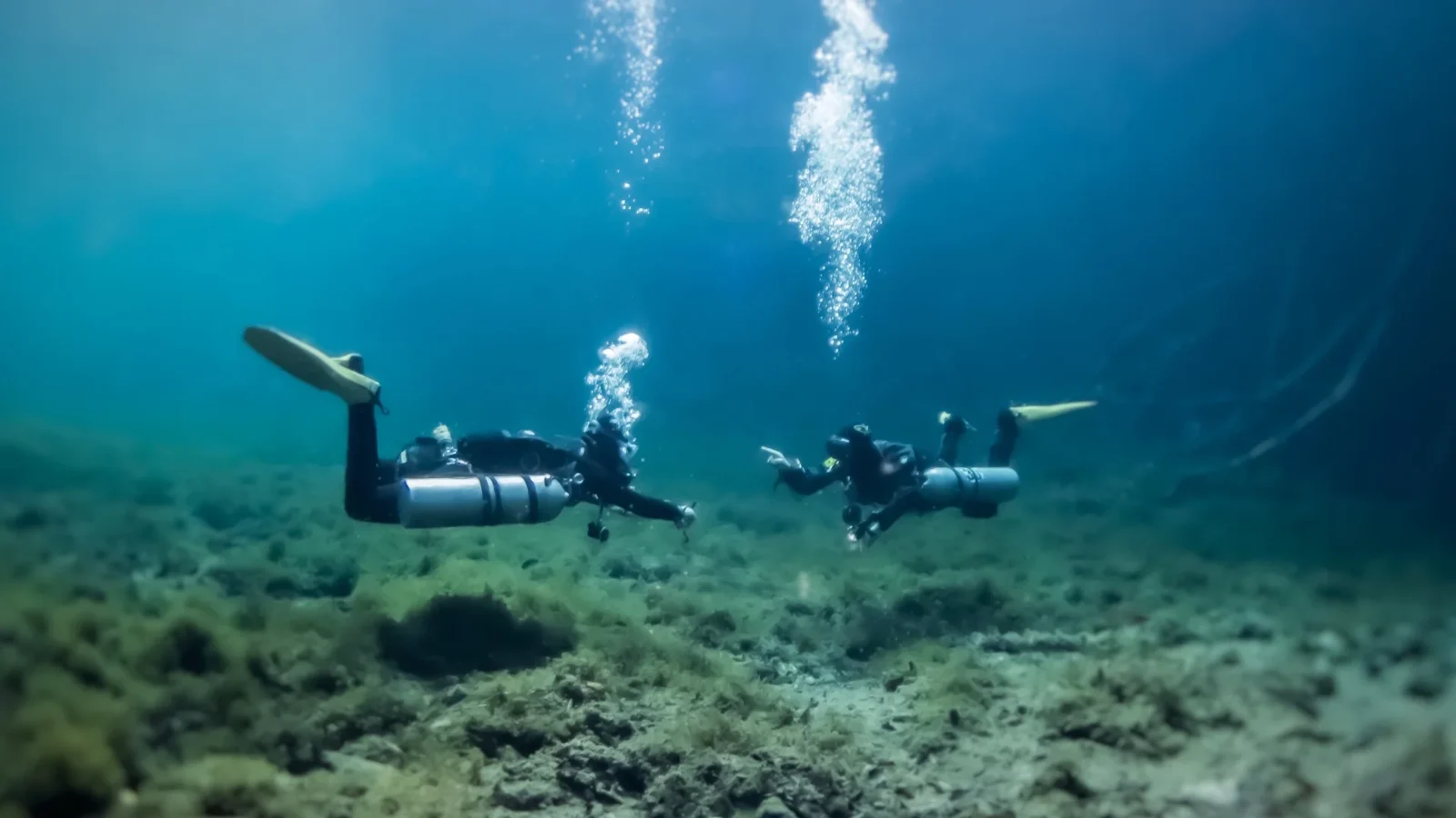 Two divers signalling to each other in open water