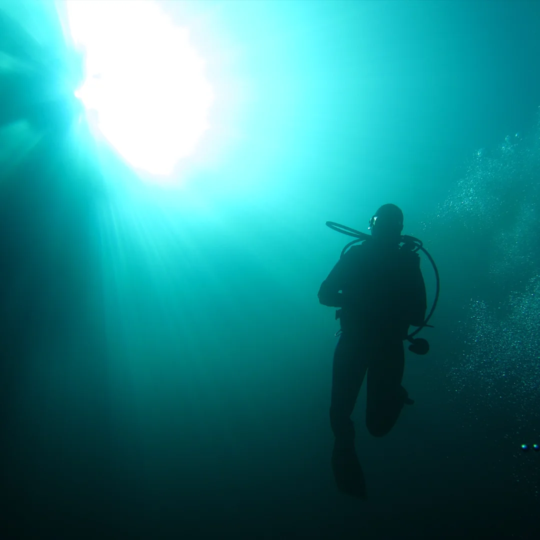 A scuba diver swimming alongside a green sea turtle over a coral reef while experiencing scuba diving in Cancun.
