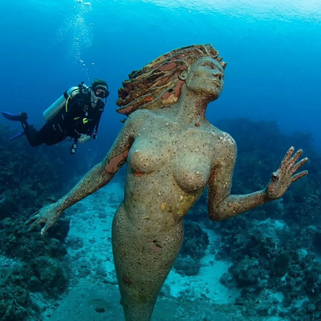 A scuba diver enjoying a close encounter with a giant manta ray while scuba diving in Cancun clear blue waters
