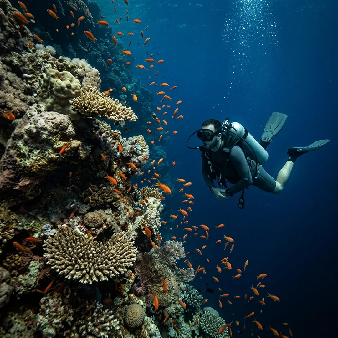 Sunlight beams illuminating the inside of a coral reef cavern filled with fish, a stunning view to experience while scuba diving in Cancun.